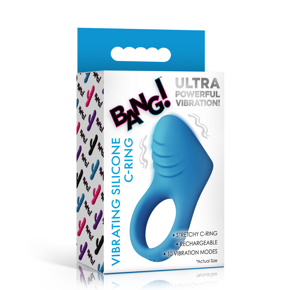 Bang Vibrating Silicone C-Ring Black packaging featuring a stretchy C-ring and 10 vibration modes.