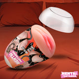 Mochi the Cat Girl Pussy Egg Masturbator shown on a bed with a textured interior for gripping sensation.
