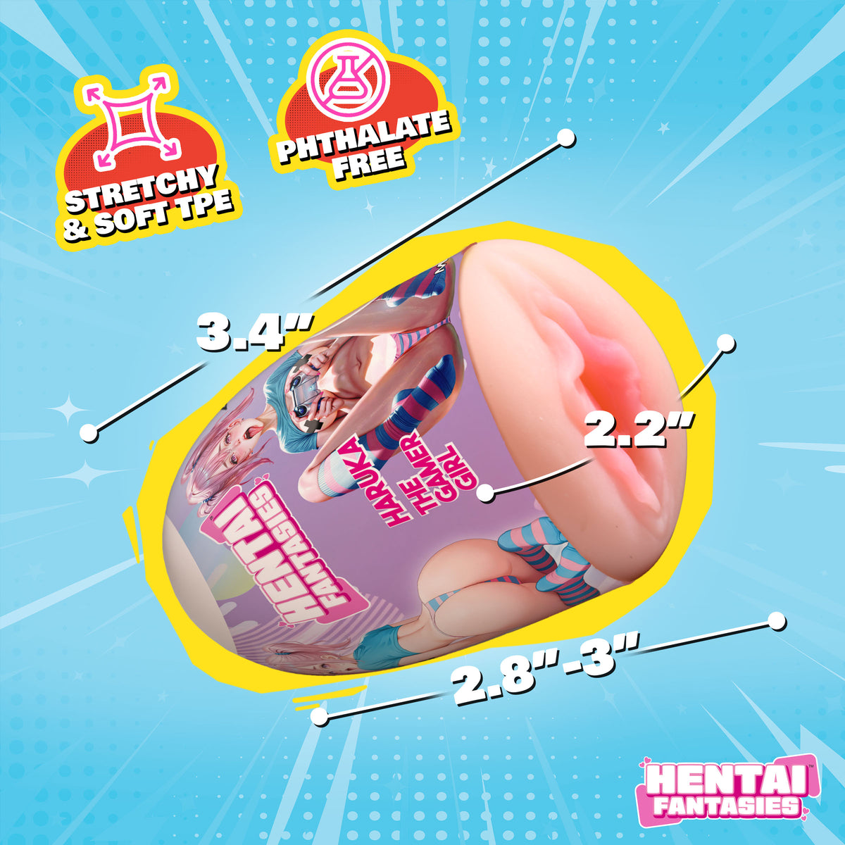 Hentai Girls 6-Pack Egg Masturbators showcasing Haruka with measurements and features on a colorful background.