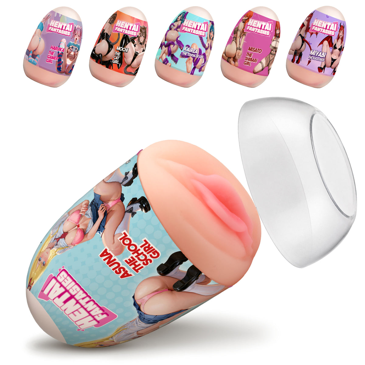 Hentai Girls 6-Pack Egg Masturbators featuring assorted anime character designs and soft, body-safe TPE sleeves.
