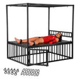 Master Series Bondage Bed with Cage featuring a model in a red outfit secured on the bed with various anchor points visible.