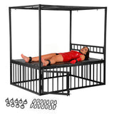 Master Series Bondage Bed with Cage featuring a model in a red outfit secured on the bed with various anchor points visible.