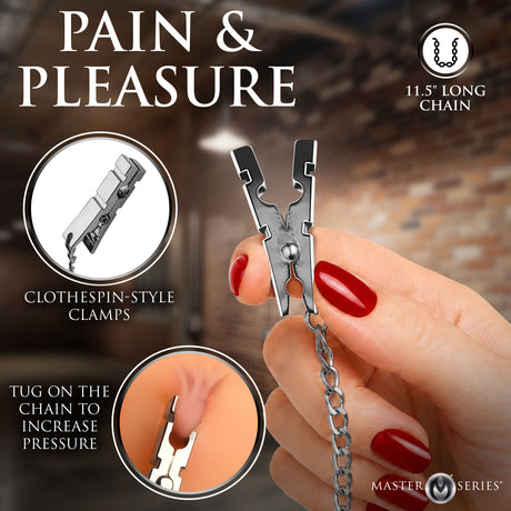 Naughty Pleasure Nipple Clamps with clothespin-style design and 11.5 inch chain for adjustable tension.