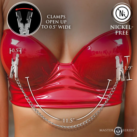 Naughty Pleasure Nipple Clamps with 11.5 inch chain, clothespin-style clamps for consistent tension.