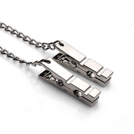 Naughty Pleasure Nipple Clamps with clothespin-style design and connecting chain for enhanced sensation.