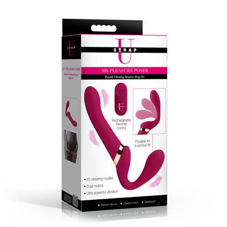 10X Pleasure Poser Posable Vibrating Strapless Strap-On packaging with remote control and product details.