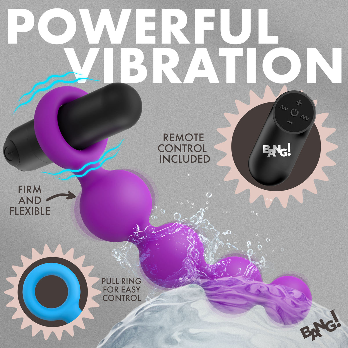 Bang Vibrating Silicone Anal Beads Set with Remote displayed with remote control, showcasing powerful vibration and flexible design.