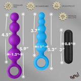 Bang Vibrating Silicone Anal Beads Set with Remote featuring purple and blue silicone beads.