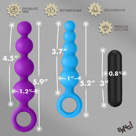 Bang Vibrating Silicone Anal Beads Set with Remote featuring purple and blue silicone beads.