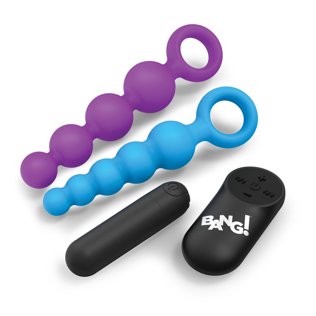 Bang Vibrating Silicone Anal Beads Set with Remote with purple and blue beads and black vibrating bullet.