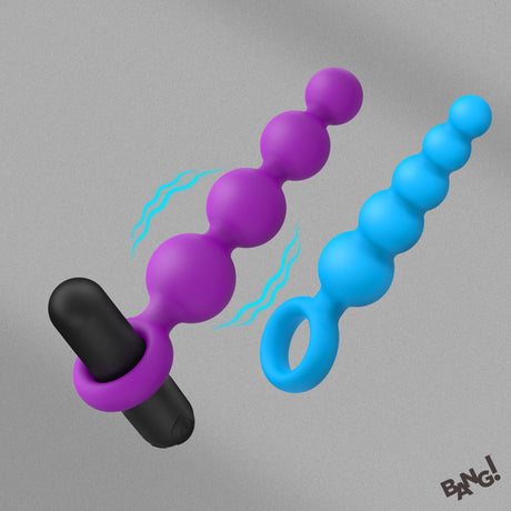 Bang Vibrating Silicone Anal Beads Set with Remote featuring purple and blue beads with a remote control.