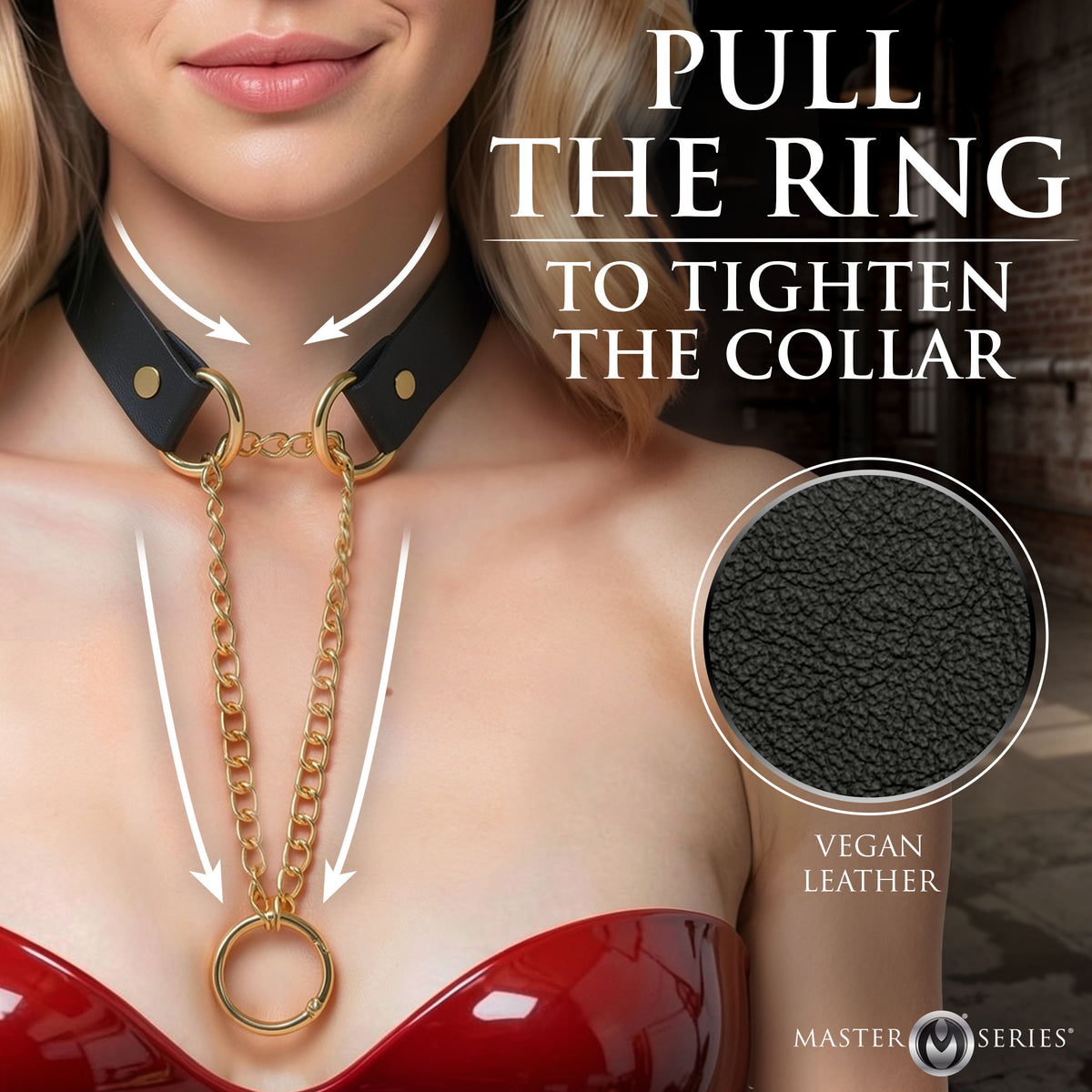 Master Series Halo Desire O-Ring Collar Black featuring gold curb chains and vegan leather design.