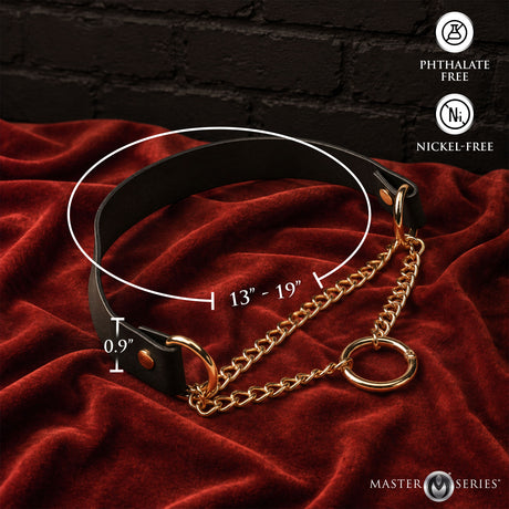 Master Series Halo Desire O-Ring Collar Black on red velvet, showing gold chain and size measurements.