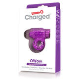 Screaming O Charged O Wow Vibrating Cock Ring Purple in packaging with features highlighted.