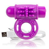 Screaming O Charged O Wow Vibrating Cock Ring Purple with USB charging cable for couples' pleasure.