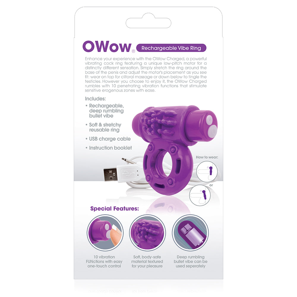 Screaming O Charged O Wow Vibrating Cock Ring Purple packaging with features and instructions displayed.