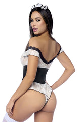 Mapale French Maid Lace Bodysuit Set Black/White L/XL shown on model from back view, featuring off-the-shoulder design and lace details.