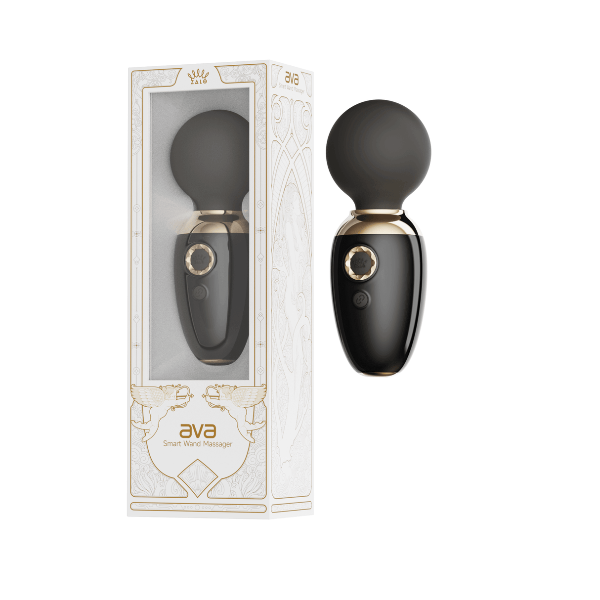 ZALO's AVA black app-controlled smart wand massager with DirectPower 2.0 & heating function, featuring dual-layer silicone head.