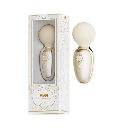 ZALO's AVA white app-controlled smart wand massager with luxurious silicone head and elegant pearlescent handle shown in packaging.
