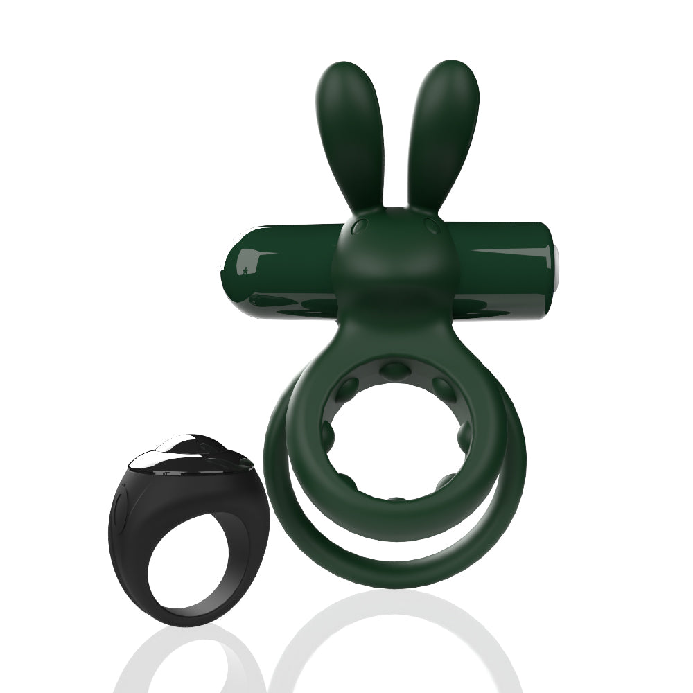 Screaming O Remote Controlled Ohare Vibrating Ring Green with dual rings and rabbit ears for stimulation.