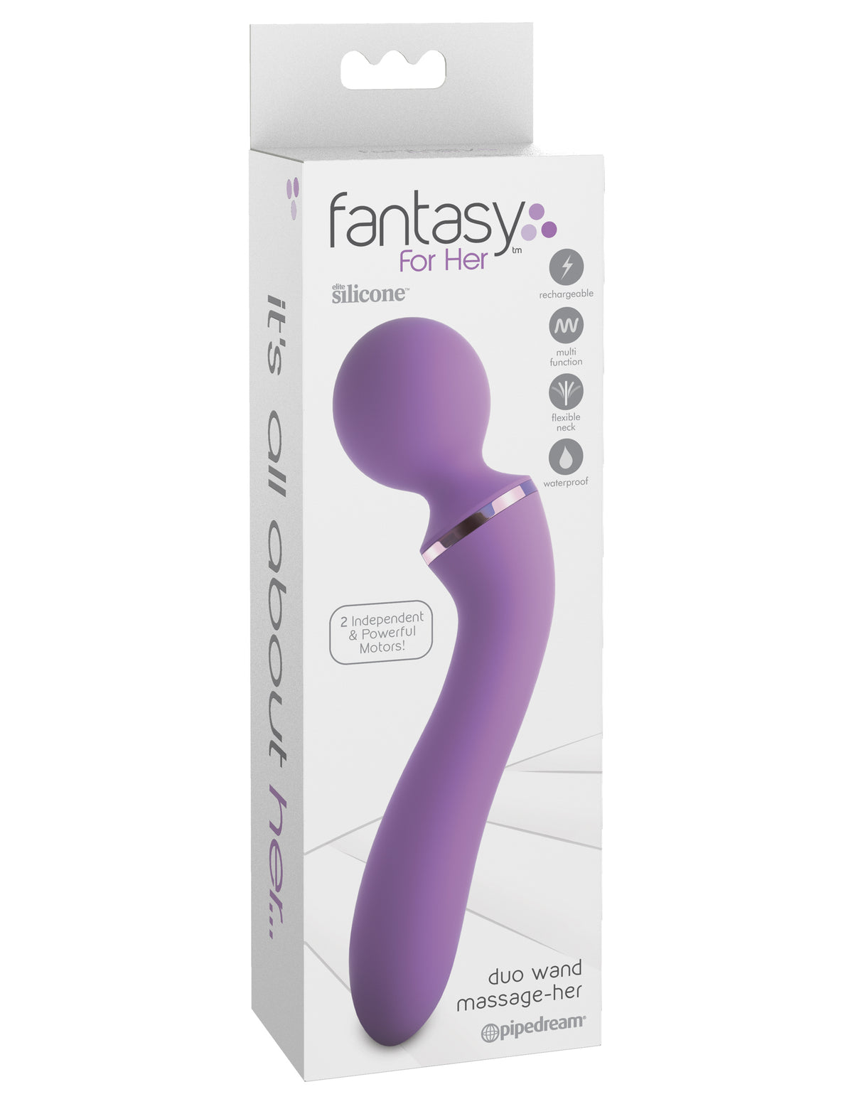 Fantasy For Her Duo Wand Massage-Her Silicone Purple packaging showcasing its dual-motor wand vibrator features.