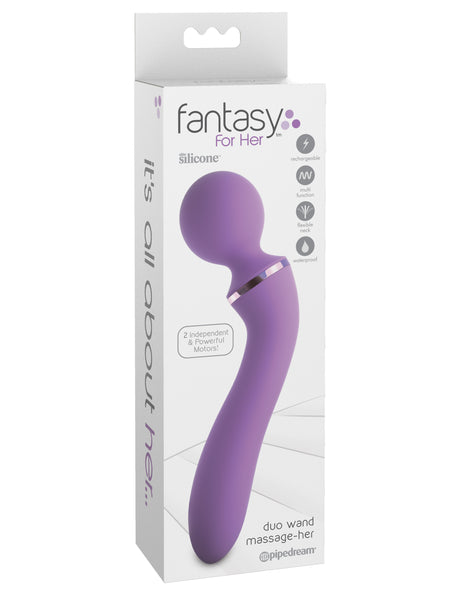 Fantasy For Her Duo Wand Massage-Her Silicone Purple packaging showcasing its dual-motor wand vibrator features.