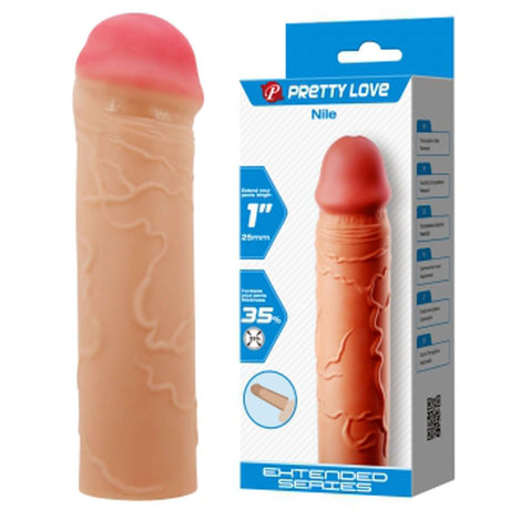 Pretty Love Nile Extended Penis Sleeve Beige next to its packaging, showcasing realistic design and added length