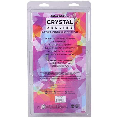 Crystal Jellies Curved Realistic Cock With Balls 8 Inch Pink packaging showing features and dimensions.