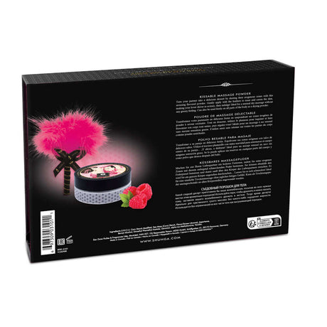 Shunga Kissable Body Powder Raspberry Filling 2.65 Oz packaging with feather applicator and raspberry accents.