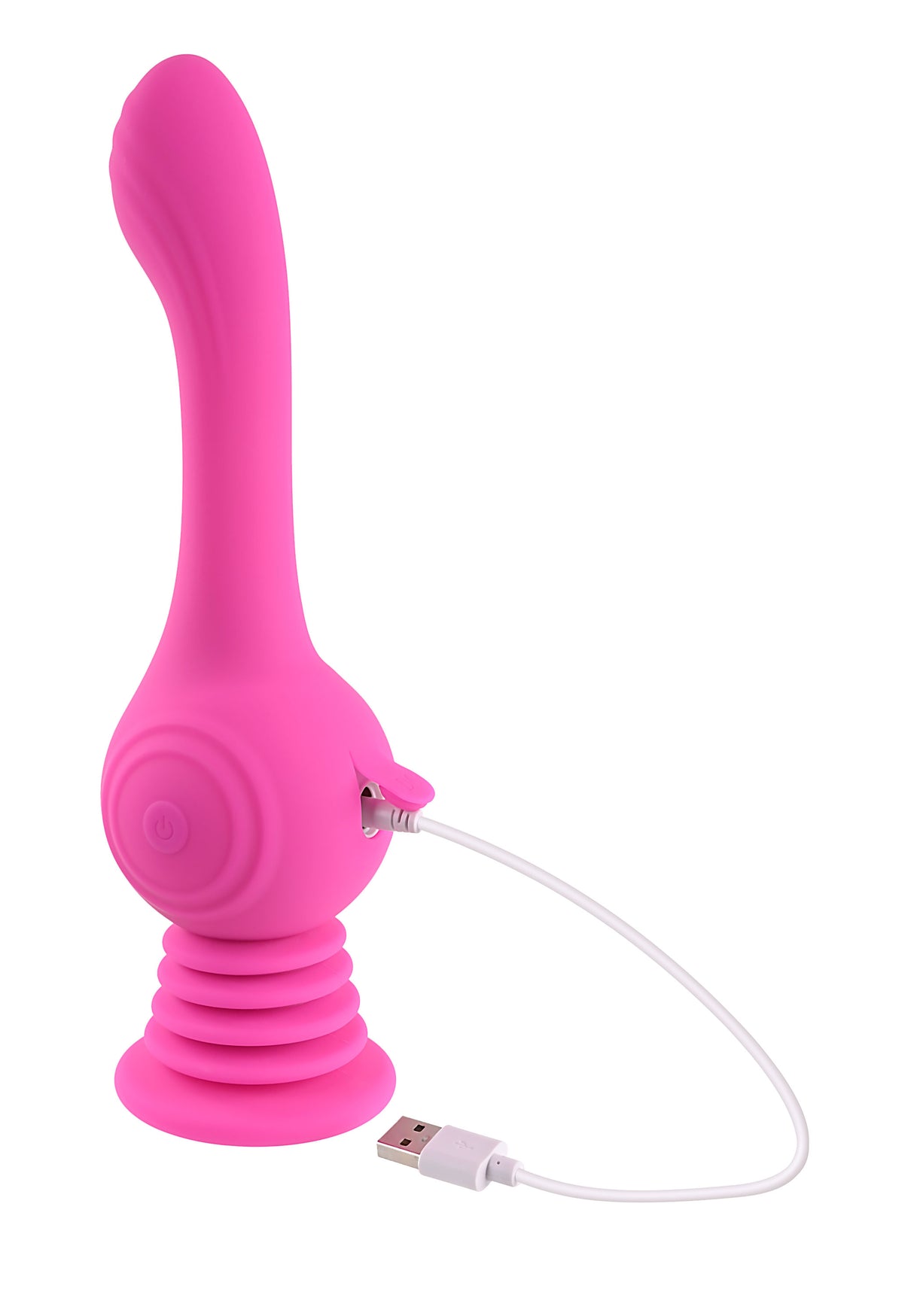 Gyro Vibe Silicone Suction Cup Vibrator Pink with a USB charger showcasing its vibrant pink color and unique design.