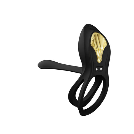 Black ZALO Bayek Vibrating Couples Ring with ergonomic design and gold detail, featuring 8 vibration modes and remote control.