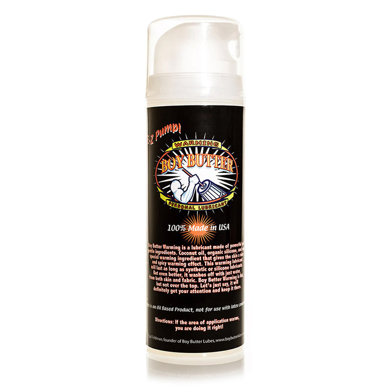 Boy Butter Warming Lubricant 5 Oz bottle with pump, featuring coconut oil and organic silicone blend.