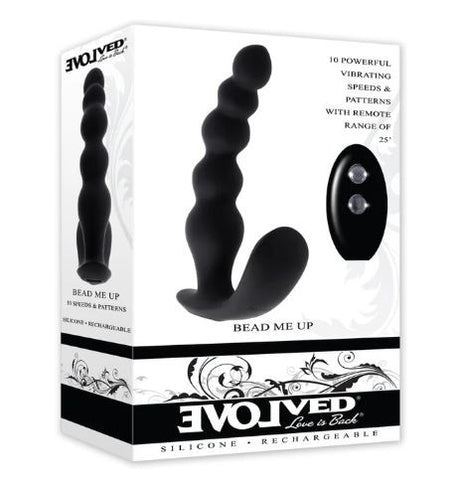 Evolved Bead Me Up Silicone Vibrating Anal Beads Black packaging showcasing design and features.