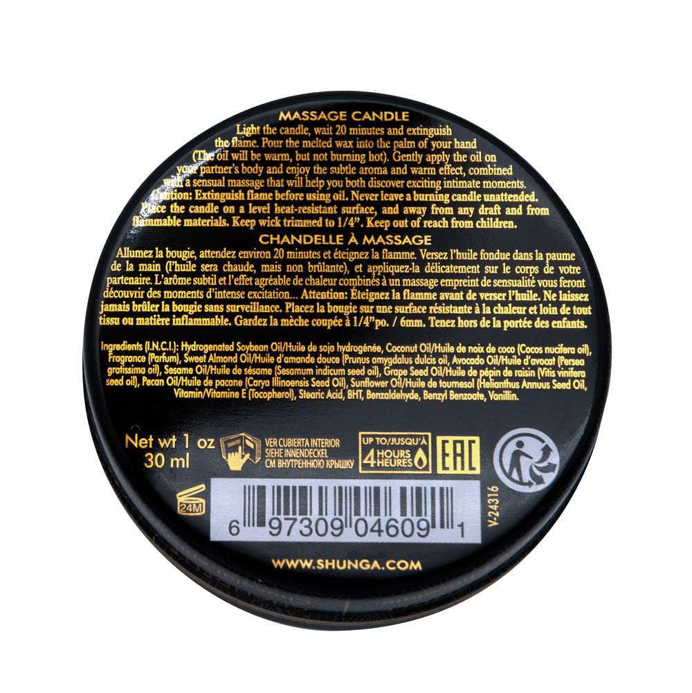Shunga Mini Massage Candle Excitation Intoxicating Chocolate 1 Oz label instructions for use, ingredients, and warnings.