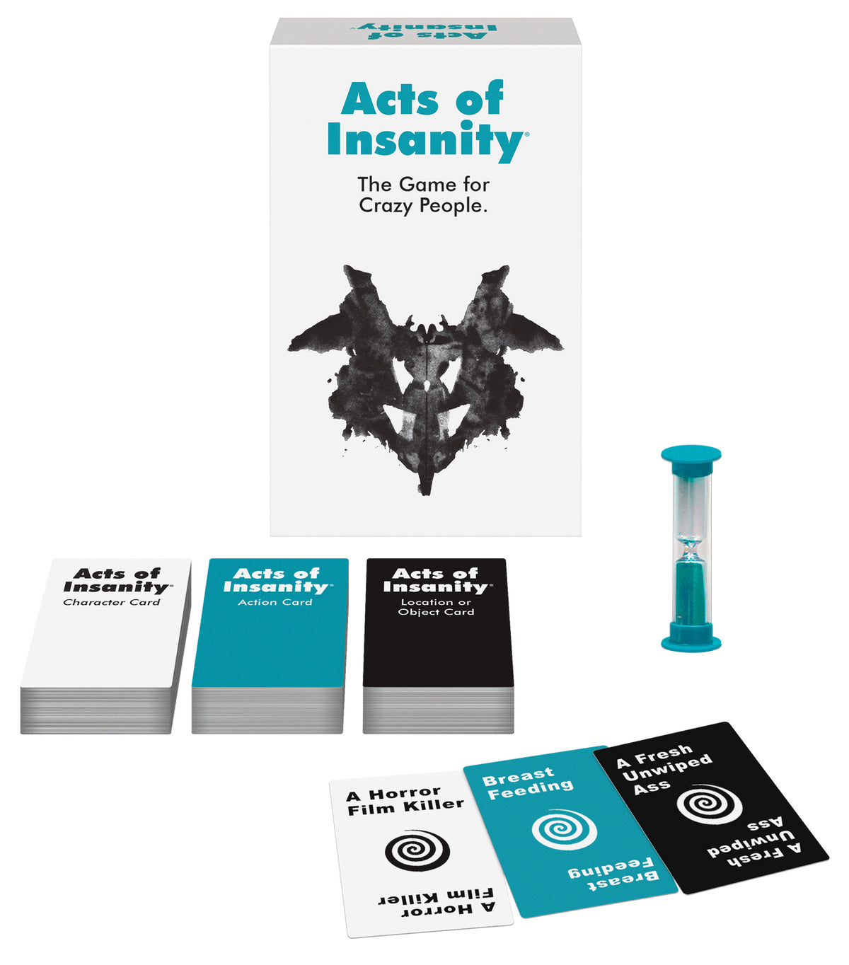 Acts Of Insanity Adult Party Card Game components including cards and hourglass for fun gatherings.