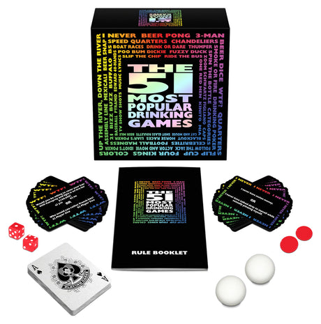 51 Most Popular Drinking Games boxed set including cards, dice, pong balls, and rule booklet for fun party activities.