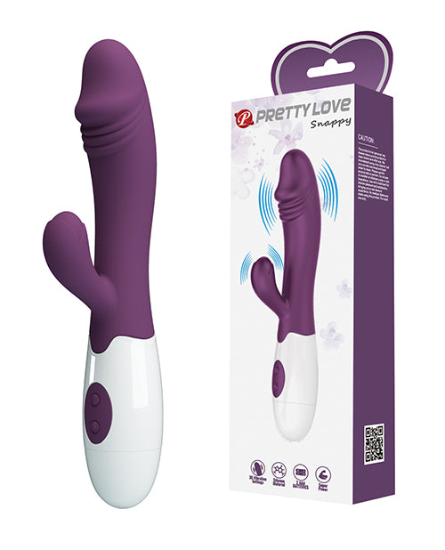 Pretty Love Snappy Rabbit Purple vibrator with packaging showcasing its G-spot and clitoral stimulation features.