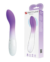 Pretty Love Bishop Vibrator Purple Ombre showing the product and packaging with a sleek design and G-spot stimulation features.
