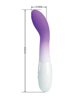 Pretty Love Bishop Vibrator Purple Ombre dimensions showing curved G-spot shape and gradient color design.