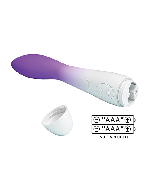 Pretty Love Bishop Vibrator Purple Ombre showing curved design, rounded head, and battery compartment.