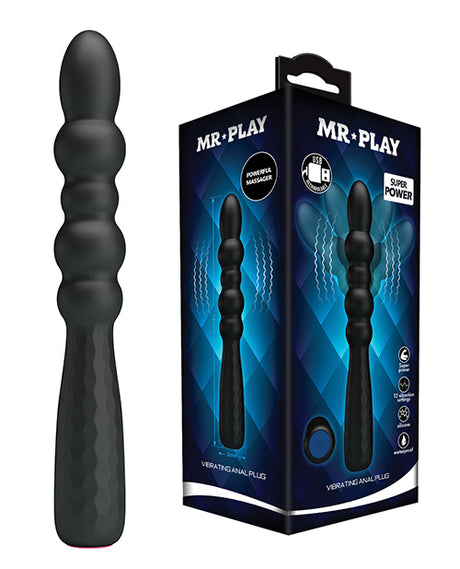 Pretty Love Mr Play Vibrating Anal Plug next to its packaging, showcasing its sleek design and powerful features.