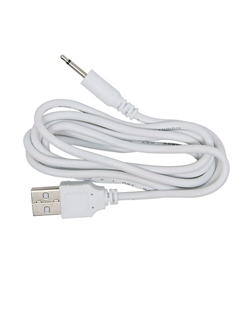 White USB charging cable for electronic devices with a 3.5mm audio jack.