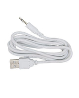 White USB charging cable for electronic devices with a 3.5mm audio jack.
