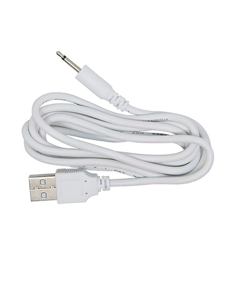 White USB charging cable for electronic devices with a 3.5mm audio jack.