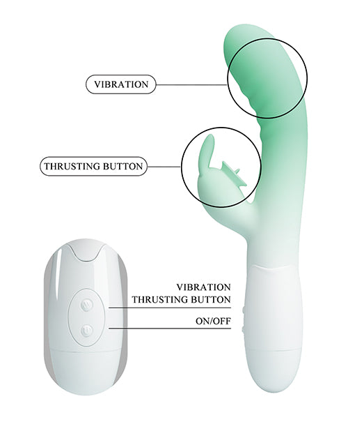 Image of Pretty Love Cerberus Licking Rabbit Aqua Ombre showing vibration and thrusting buttons for enhanced pleasure.