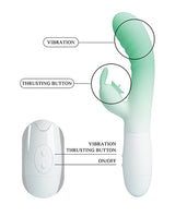 Image of Pretty Love Cerberus Licking Rabbit Aqua Ombre showing vibration and thrusting buttons for enhanced pleasure.