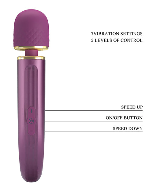 Pretty Love Colorful Wand Massager showing 7 vibration settings and control buttons for customizable pleasure.