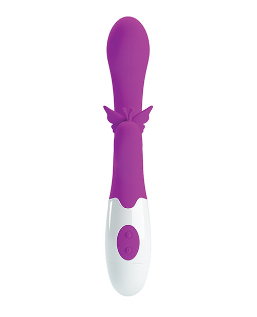 Pretty Love Butterfly Kiss Rabbit Fuchsia vibrator with butterfly design and controls, ideal for stimulation.