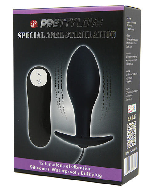 Pretty Love Vibrating Bulb Shaped Butt Plug Black packaging showcasing 12-function vibrator and sleek design.