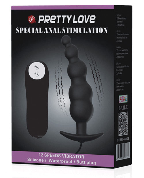 Pretty Love Vibrating Bead Shaped Butt Plug Black product packaging with 12 speeds for special anal stimulation.